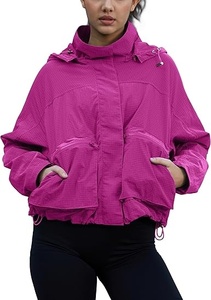 Women's <b>Pink</b> Hooded Windbreaker <b>Jacket</b> Full Sleeve Zipper Closure <b>Waterproof</b> Casual Crop Length Outerwear - Product Image 3
