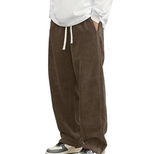Men's Black Corduroy Wide Leg Pants <b>Elastic</b> Waist Drawstring Casual Loose Fit Straight Leg With Side Pockets Autumn Wear - Product Image 4