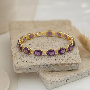 Pulsera con Dije de Amatista Natural de Corte Ovalado para Ella, Plata de Ley, Chapado en Oro de 18K, Joyería de Gema Púrpura Elegante y de Lujo - Product Image 2