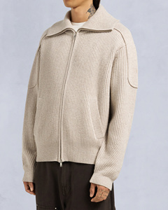 Customise OEM ODM Men's Beige Knitted Wool Bomber Jacket Stand Collar Zipper Closure Regular Fit Loose Style Autumn Wear - Product Image 3