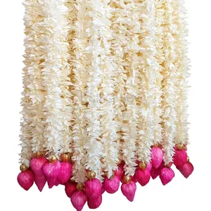 Guirlande de fleurs blanches faites à la main avec des boutons de lotus roses pour la porte, le mur, la fenêtre, l'entrée, la pooja et la décoration traditionnelle de la maison - Product Image 3