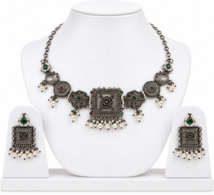 ชุดสร้อยคอและต่างหูแบบโบฮีเมียนสำหรับผู้หญิงจาก ARTS JEWELS ทำจากสแตนเลสสตีลชุบทองสองสี ประดับมุกหยดน้ำและหยก ดีไซน์ลายดอกไม้ - Product Image 2