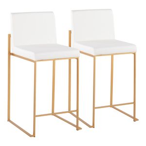 Fuji Contemporary High Back Counter <b>Stool</b> Set of 2 Gold Steel & White Faux Leather Stylish <b>Stools</b> & <b>Ottomans</b> - Product Image 1