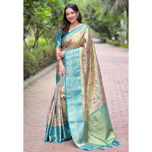 Sari de Seda Dharmavaram Original de Elite Weaves, Color Verde Mar, Tejido Tradicional con Zari, Ropa India y Pakistaní - Product Image 1