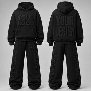 Ensemble deux pièces en molleton brossé double face avec taille élastique et épaules tombantes, logo imprimé en relief personnalisé, fabrication OEM - Product Image 5