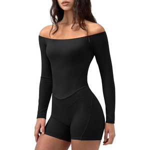 Women Seamless <b>Black</b> Off-The-Shoulder <b>Long</b> Sleeve Yoga <b>Top</b> With Cut-Out Design Solid Color Skinny Fit Activewear - Product Image 2
