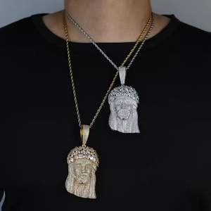 Collar con Colgante de Cabeza de Jesús Iced Out, Oro y Plata, Micro Pavé de Moissanita, Amuleto Religioso Hip Hop con Cadena de Cuerda, para Fiesta - Product Image 1