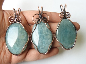 Pendentif pour enfants en alliage de cuivre avec cabochon lisse en aquamarine, enveloppé de fil, pierre de bonne qualité certifiée, bijoux tendance et décontractés - Product Image 4