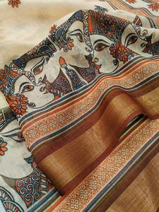 Hermoso Sari Tradicional con Estampado de Arte Mithila, Mezcla de Lino de Primera Calidad, Borde Dorado Zari 3*3, para Fiestas - Product Image 2