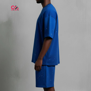 Ensemble T-shirt et short pour homme, imprimé à pois bleus, décontracté, été, coton, coupe ample, respirant, tricoté - Product Image 6