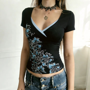 Camiseta de Verano con Estampado Floral Vintage para Mujer, Ecológica, Anti-UV, Cuello en V, Informal, Cómoda, Tejida y Transpirable - Product Image 3