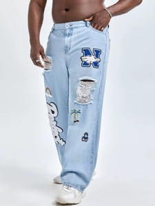 Jeans de Mezclilla Casuales de Corte Recto para Hombre, 100% Algodón, Lavado Medio, con Diseño Gráfico y Rasgado, Personalizables con Logotipo OEM - Product Image 2