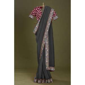 DESIGNER TABBY <b>ORGANZA</b> <b>SILK</b> EMBROIDERY SEQUENCE WORK LACE BORDER SAREE WITH UNSTTICHED BLOUSE - Product Image 1
