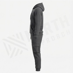 Survêtement à capuche gris foncé pour homme, couleur unie, en coton, manches longues, décontracté, avec cordon de serrage et poches latérales, pour l'automne - Product Image 3