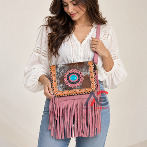 Bolso Bandolera de Cuero Genuino con Flecos y Solapa de Piel de Vaca, Estilo Bohemio Occidental, con Piedra Turquesa, para Mujer, 2026 - Product Image 1