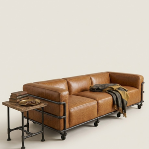 High End Brown Leather Sofa Set 3 Seater with Solid Wood <b>Frame</b> Comfortable Modern Couch for Living Room Use - Product Image 1