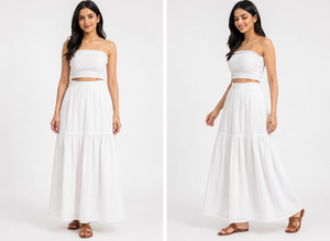 Boho White Tiered A-Line Maxi <b>Skirt</b> Women Summer Casual <b>Elastic</b> Waist Flowy Cotton Natural Waist Beachwear Holiday Outfit - Product Image 3