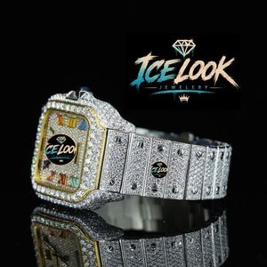 Montre à quartz de luxe en acier inoxydable Ice Look, cadran rectangulaire, incrustation de cristal saphir, bracelet décoré de strass, bijoux de mode - Product Image 3