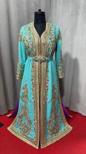 Kaftan de soirée et de mariage bleu en soie, brodé à la main de motifs floraux, à manches longues et longueur cheville, style modeste - Product Image 2
