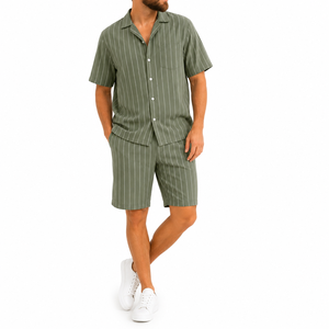 Custom <b>Linen</b> Blend Resort <b>Shirt</b> and Shorts Set 150 GSM Striped Turn-down Collar Breathable Casual Men Vacation Two Piece OEM - Product Image 1