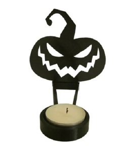 Portavelas de Halloween con forma de calabaza de metal, estilo Jack-O'-Lantern, con acabado mate negro premium y recubrimiento en polvo. - Product Image 3