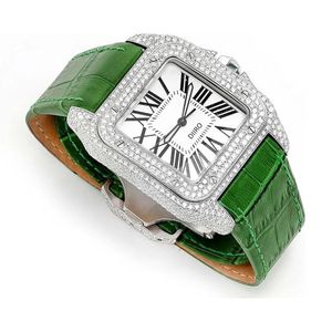 High Quality <b>Square</b> Dial Moissanite Mechanical Watch with Glass Crystal Stainless Steel Case Leather Strap Roman Numeral Analog - Product Image 1
