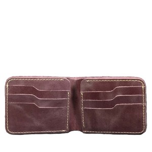 Burgundy <b>Leather</b> <b>Men</b> <b>Bifold</b> <b>Wallet</b> Custom Logo Multi Card Organizer Vintage Yellow Stitching Cash Pocket Minimalist Slim Purse - Product Image 2