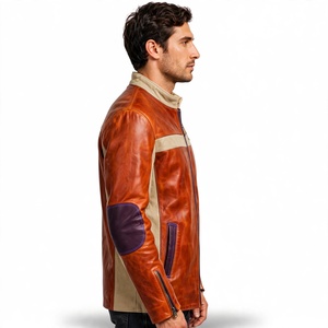 Veste de moto en cuir véritable pour homme Amkoor, coupe ajustée, col montant, fermeture éclair, blocs de couleur, veste de motard pour l'automne - Product Image 4