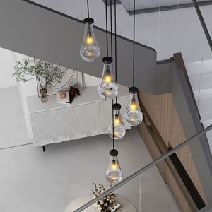 Lampadario a sospensione a 5 luci regolabile nero a grappolo per soffitti alti, ideale per ingressi, scale e soggiorni - Lampada a sospensione moderna per l'ingresso - Product Image 2