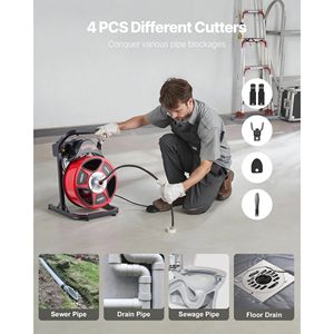 Macchina per la pulizia di scarichi da 50 FT x 1/2 pollice, con alimentazione manuale, spirale per fognature con 4 frese, attivazione ad aria, interruttore a pedale da 2-6 pollici per tubi - Product Image 5