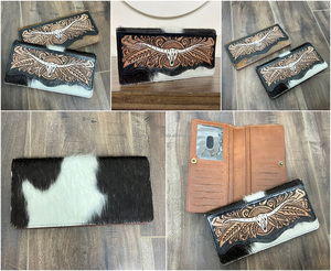 Cartera plegable Longhorn de piel de vaca mecanizada a mano al por mayor a la moda, monedero de mano de gran capacidad con diseño Floral de calavera de toro - Product Image 3