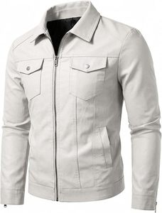 <b>Men's</b> <b>White</b> Genuine Leather Moto <b>Jacket</b> Slim Fit Turn-down Collar Zipper Closure Regular Sleeve Solid Color Autumn Wear - Product Image 2