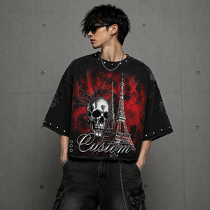 เสื้อยืดทรงครอปไหล่ตกแบบวินเทจพิมพ์ลายตามสั่ง ประดับคริสตัล แขนสั้น ทรงหลวม ใส่ได้ทั้งชายและหญิง - Product Image 4