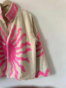 bohemian White <b>Velvet</b> Suzani <b>Jacket</b> With Pink Sun Embroidery Pattern Full Sleeve Stand Collar Bohemian <b>Women's</b> Autumn Outerwear - Product Image 3