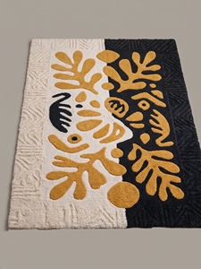 Alfombra de Lana con Diseño Botánico Abstracto en Negro Mostaza y Marfil, Motivo de Hojas Orgánicas, Antideslizante, Ecológica, de Pelo Grueso, Moderna - Product Image 2