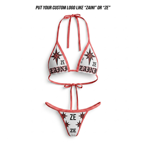 Women <b>Triangle</b> <b>Bikini</b> <b>Set</b> 220 GSM Ribbed Polyester Spandex White Pink Contrast Trim Custom Sublimation Logo Swimwear - Product Image 1