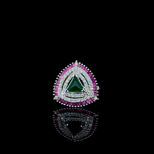 Elegant Silver Ring Featuring Triangular Green <b>Stone</b> with White CZ Halo and Pink Baguette Stones for Festive Fashion Inventory - Product Image 3