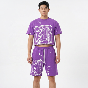 Purple Cotton Streetwear Set <b>T</b>-<b>Shirt</b> and Shorts with <b>White</b> Logo Print for Adults Unisex Summer Casual Wear - Product Image 2