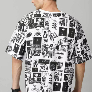 Men's Oversized White Short Sleeve O-Neck T-<b>Shirt</b> With Black <b>Patchwork</b> Print Street Style Jersey Knit Breathable Fit - Product Image 6