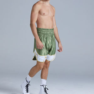 Shorts de boxe en satin vert olive pour hommes, tendance du moment, avec ourlet marbré blanc et or, coupe classique, respirant, pour la lutte en cage - Product Image 2