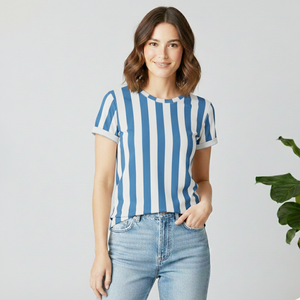 Camisetas de Mujer a Precios de Mayoreo, Camiseta de Media Manga de Primera Calidad en Color Azul y Blanco con Servicios OEM - Product Image 3