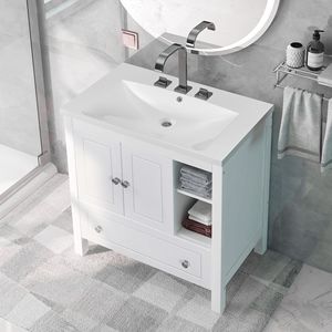 30-Inch Solid Wood Bathroom Vanity with Doors Drawers Ceramic <b>Sink</b> Practical <b>Storage</b> Cabinet - Product Image 1