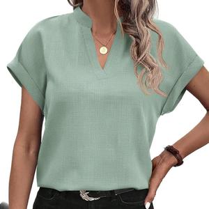 Women's V Neck Cap Sleeve Solid Color Loose Fit Chiffon T-<b>Shirt</b> Breathable Casual Spring Summer Style - Product Image 2