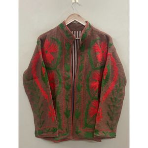 Floral Embroidered Cotton Winter <b>Jacket</b> Women Mandarin Collar Full Sleeve Open Front Handmade Design - Product Image 6