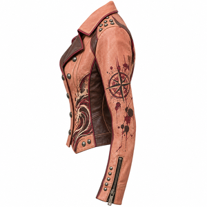 Peach Tan <b>Women</b> Genuine Leather Biker Jacket Custom Surfer Girl Graphic Print Snap Button Double Breasted Spiked <b>Outerwear</b> - Product Image 4