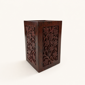 Handmade Indian Rosewood Pen Stand | Premium Floral Carved Desk Organizer | Lightweight Eco Friendly Stationery Holder Home - Product Image 1