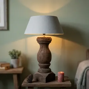 <b>Vintage</b> Old Wood <b>Lamp</b> Base Handmade Contemporary Eco-Friendly Table Light Neutral Fabric <b>Shade</b> Living Room Diwali Home - Product Image 4