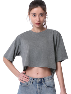 T-shirt court à manches courtes pour femme, col montant, uni, décontracté, pour le sport, le yoga, l'été, 100% coton, coupe ample - Product Image 3