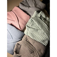Peignoir en coton gaufré pour femme, manches longues, couleur unie, doux, confortable, respirant, thermique, avec cordon de serrage et ceinture