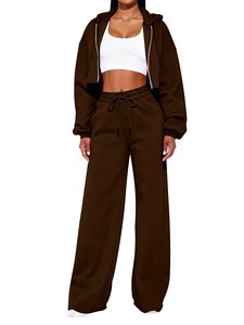 Ensemble de survêtement marron à capuche pour femme, manches longues, fermeture éclair, décontracté, avec poches latérales, pantalon large - Product Image 1